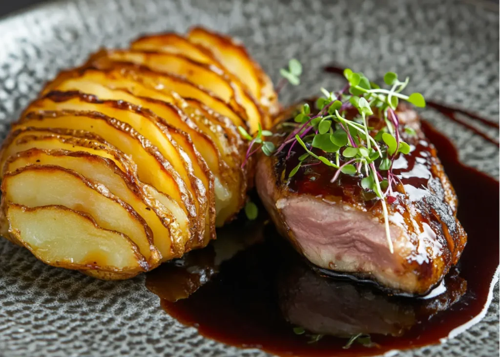 A gourmet plated dish featuring a slice of potato terrine with seared duck and red wine reduction.
