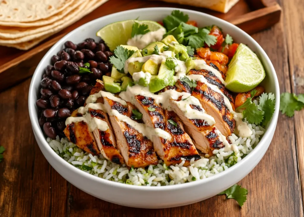 A colorful Pollo Loco Recipe bowl with rice, beans, and avocado