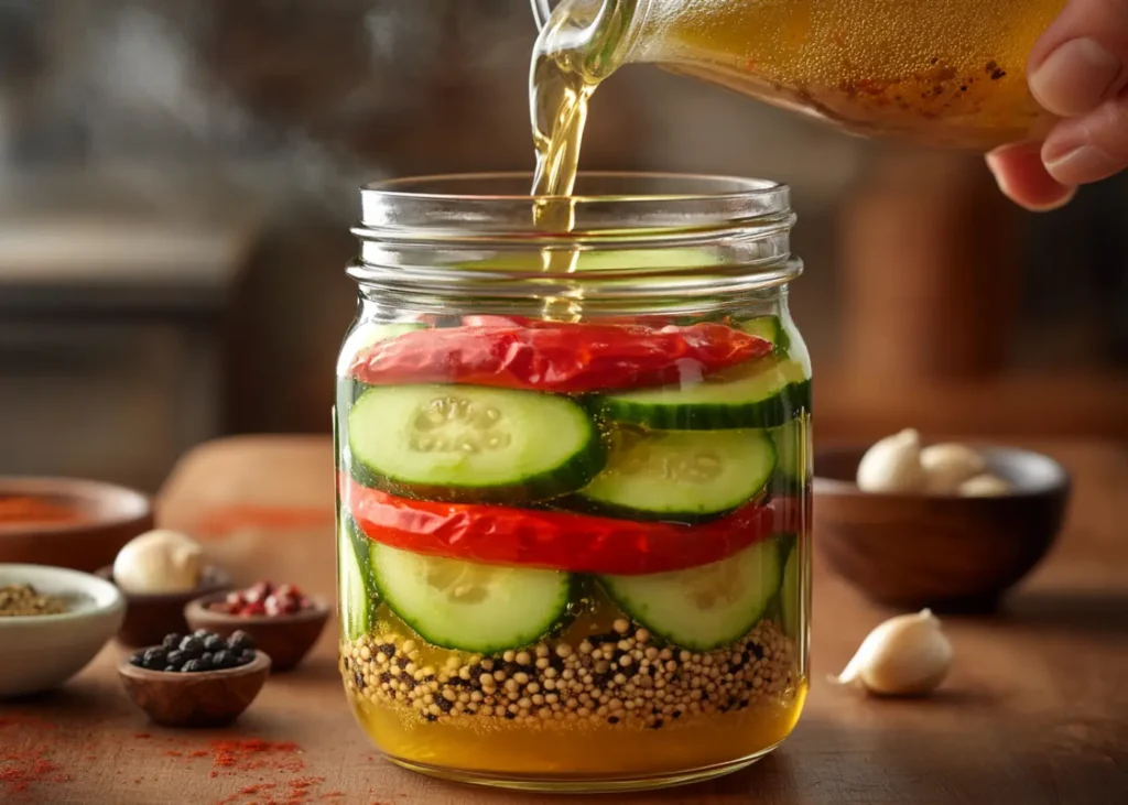 Hot brine being poured over cucumbers to make spicy pickles
