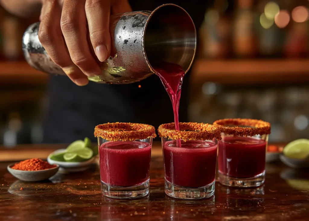 Bartender pouring Mexican Candy Shot mix into TajÃn-rimmed shot glasses