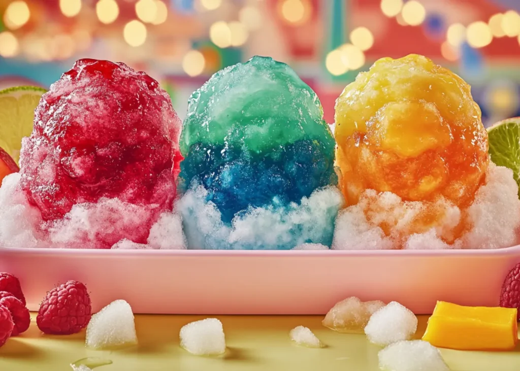 Red Snow Cone Syrup being poured onto ice	