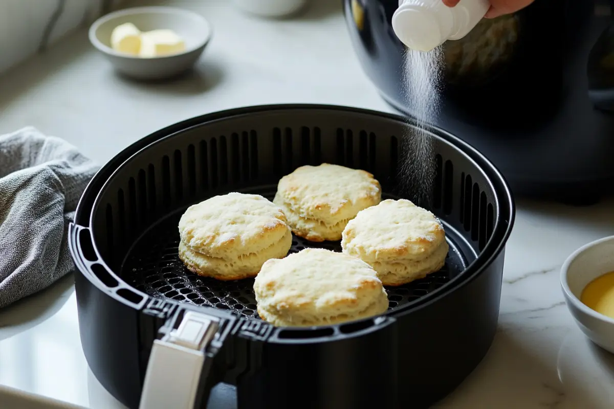 Air fryer basket with frozen biscuits arranged for cooking	