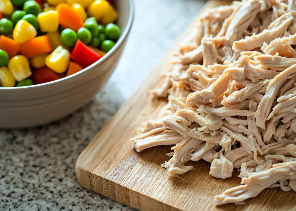 Shredded chicken on a cutting board with fresh vegetables for Mexican chicken salad recipe

