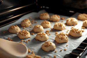 Baking tray with raw cookie dough balls and cinnamon cereal pieces, partially baked cookies visible