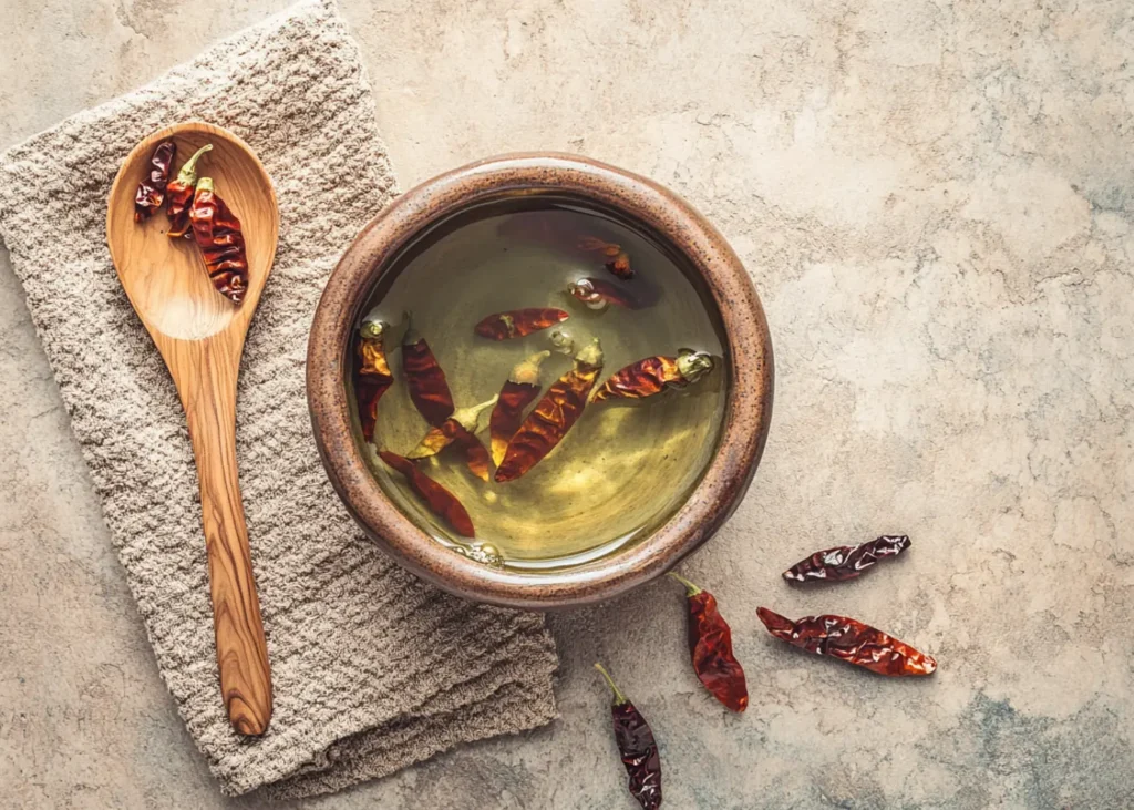 Soaking dried Chile Morita peppers in hot water to soften them for recipes
