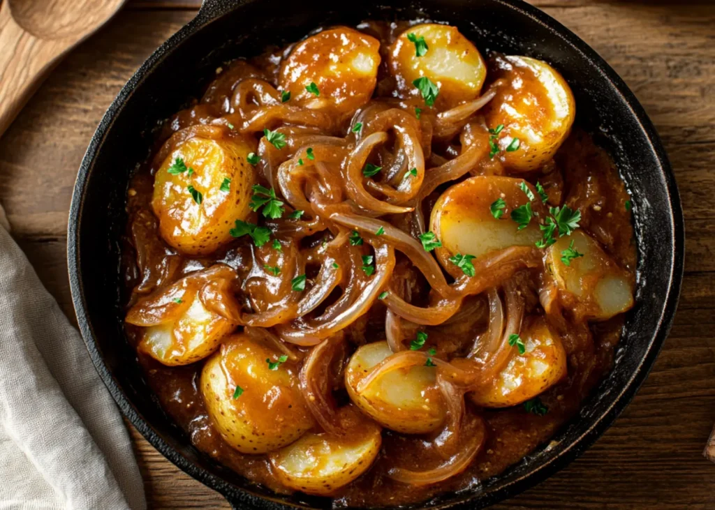 Smothered potatoes with caramelized onions in a cast iron skillet