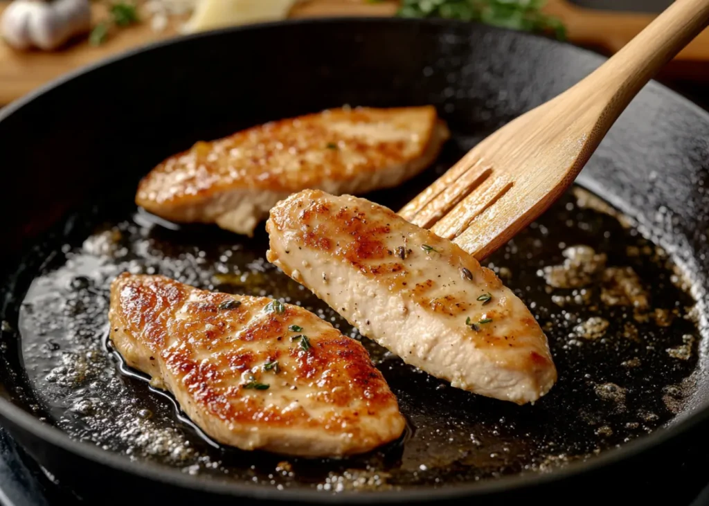 Golden-browned chicken sizzling in a skillet with garlic and butter
