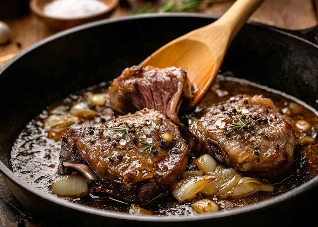 Searing beef cheek meat in a hot skillet with aromatics