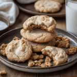 Cinnamon toast crunch cookies on a ceramic plate with glass of milk, cereal pieces, and cinnamon sticks