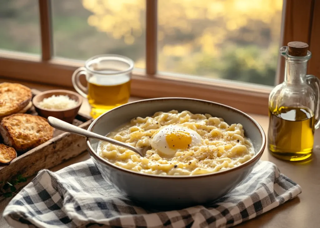 A warm bowl of pastina served with tea and toasted bread.