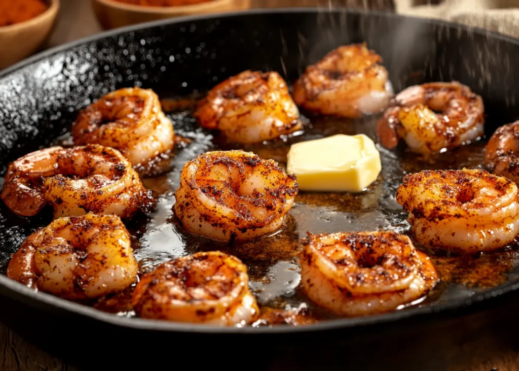 Cajun-spiced blackened shrimp sizzling in a pan