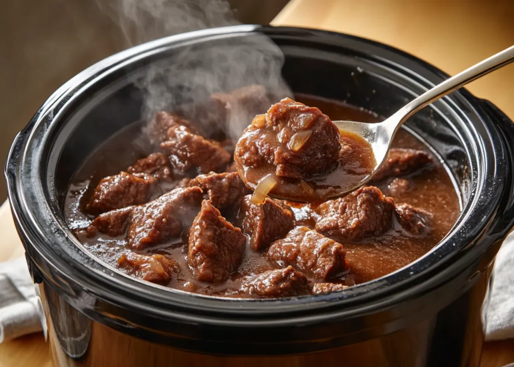 No Peek Beef Tips cooking in a slow cooker with thick gravy
