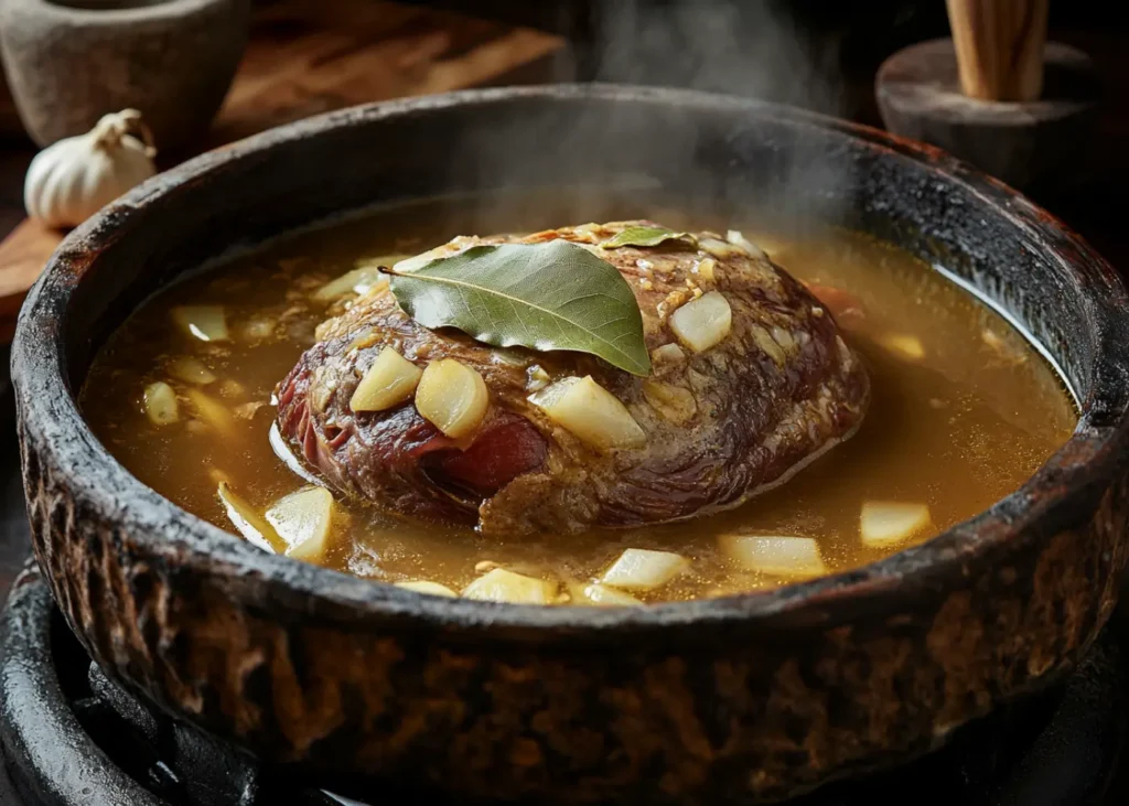 Beef tongue slow cooking with garlic, onions, and bay leaves
