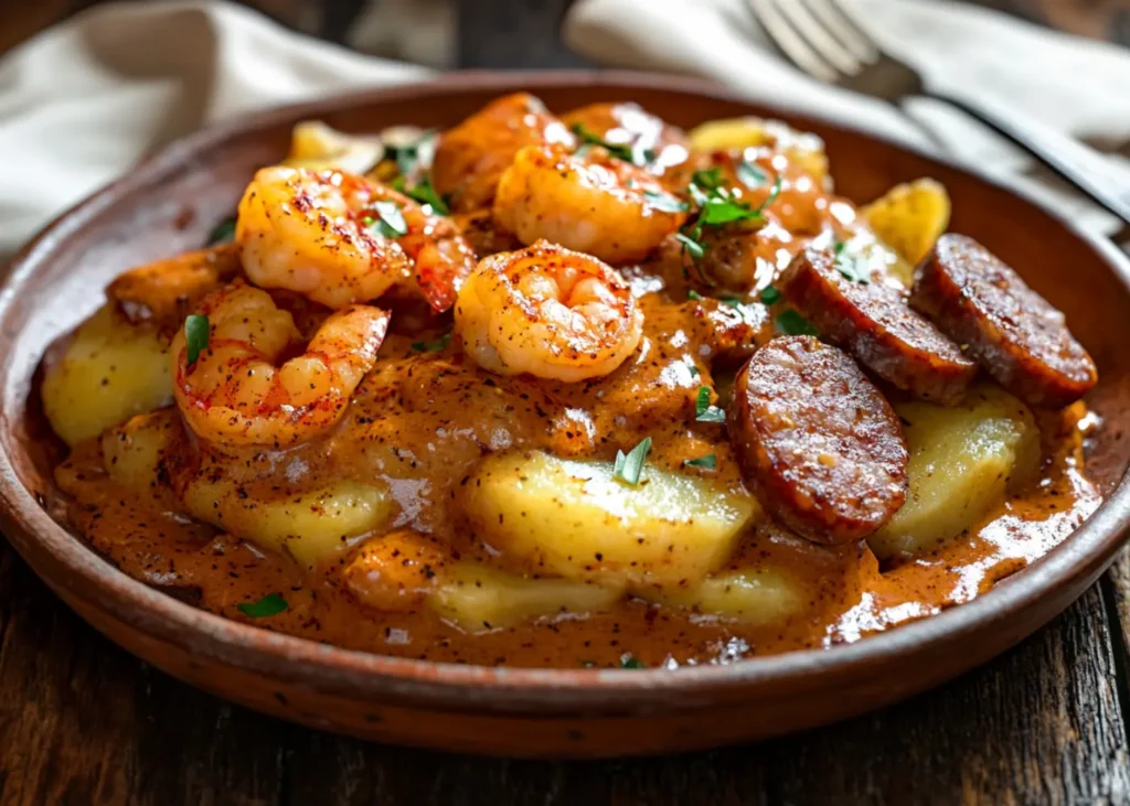 Smothered potatoes with Cajun shrimp and smoked sausage
