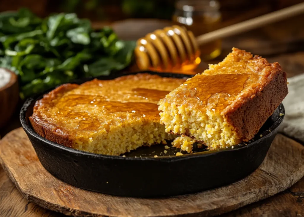 Southern-style egg-free cornbread in a cast iron skillet, crispy and golden brown.