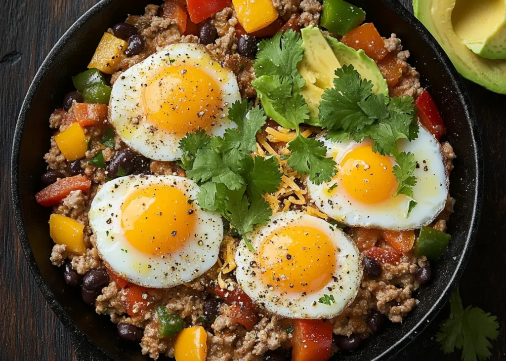 Southwest turkey and egg skillet with peppers, black beans, and avocado