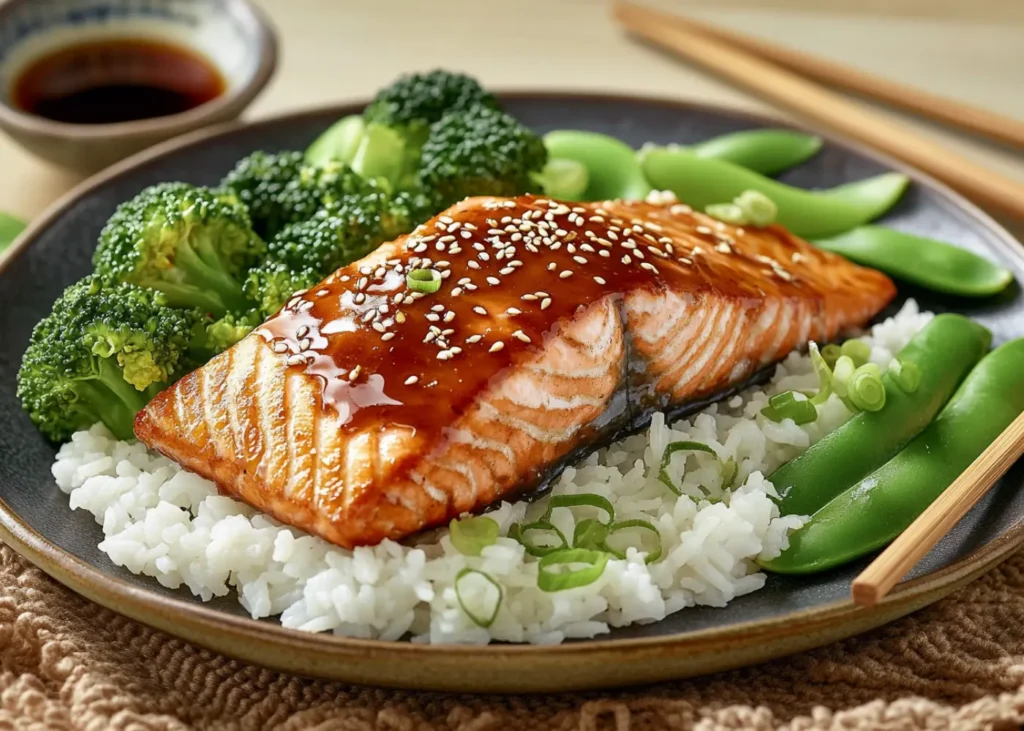 Glazed salmon fillet with soyaki sauce, sesame seeds, and rice
