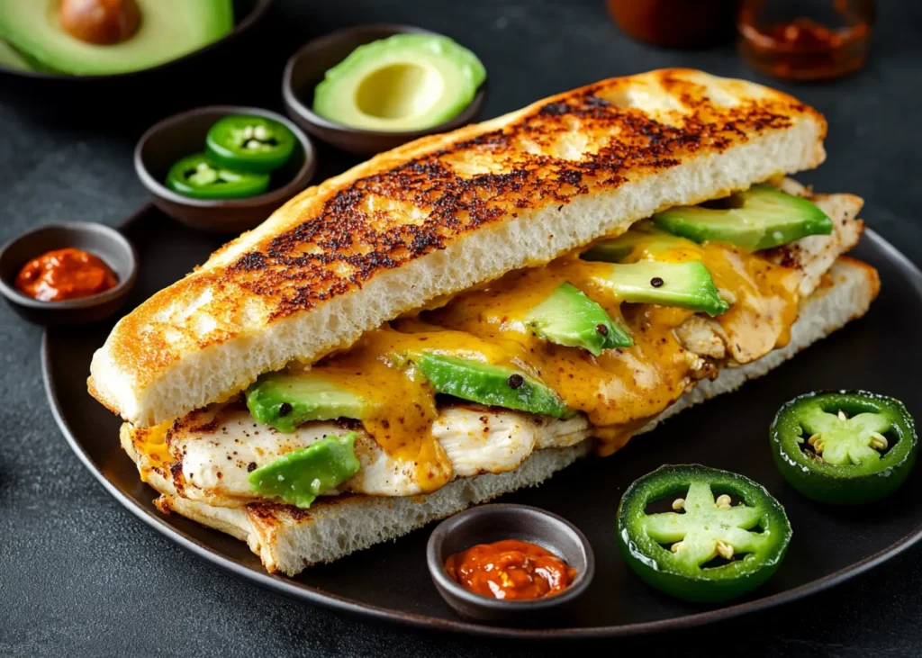 Spicy Chipotle Chicken Avocado Melt with jalapeÃ±os, sriracha, and extra chipotle sauce
