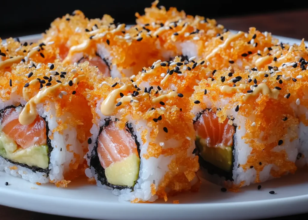 Spicy crunchy salmon avocado roll with crispy tempura flakes and spicy mayo drizzle.
