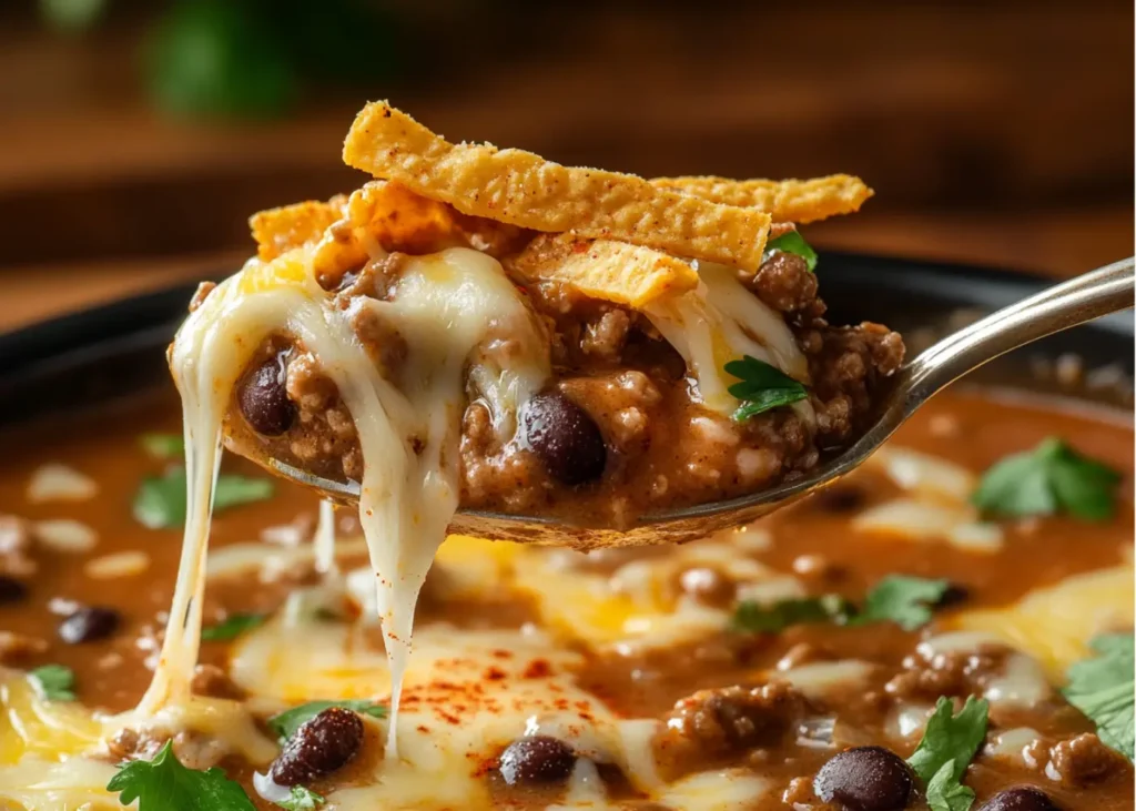Close-up of a spoon lifting a rich, cheesy scoop of Taco Soup Frios Recipe
