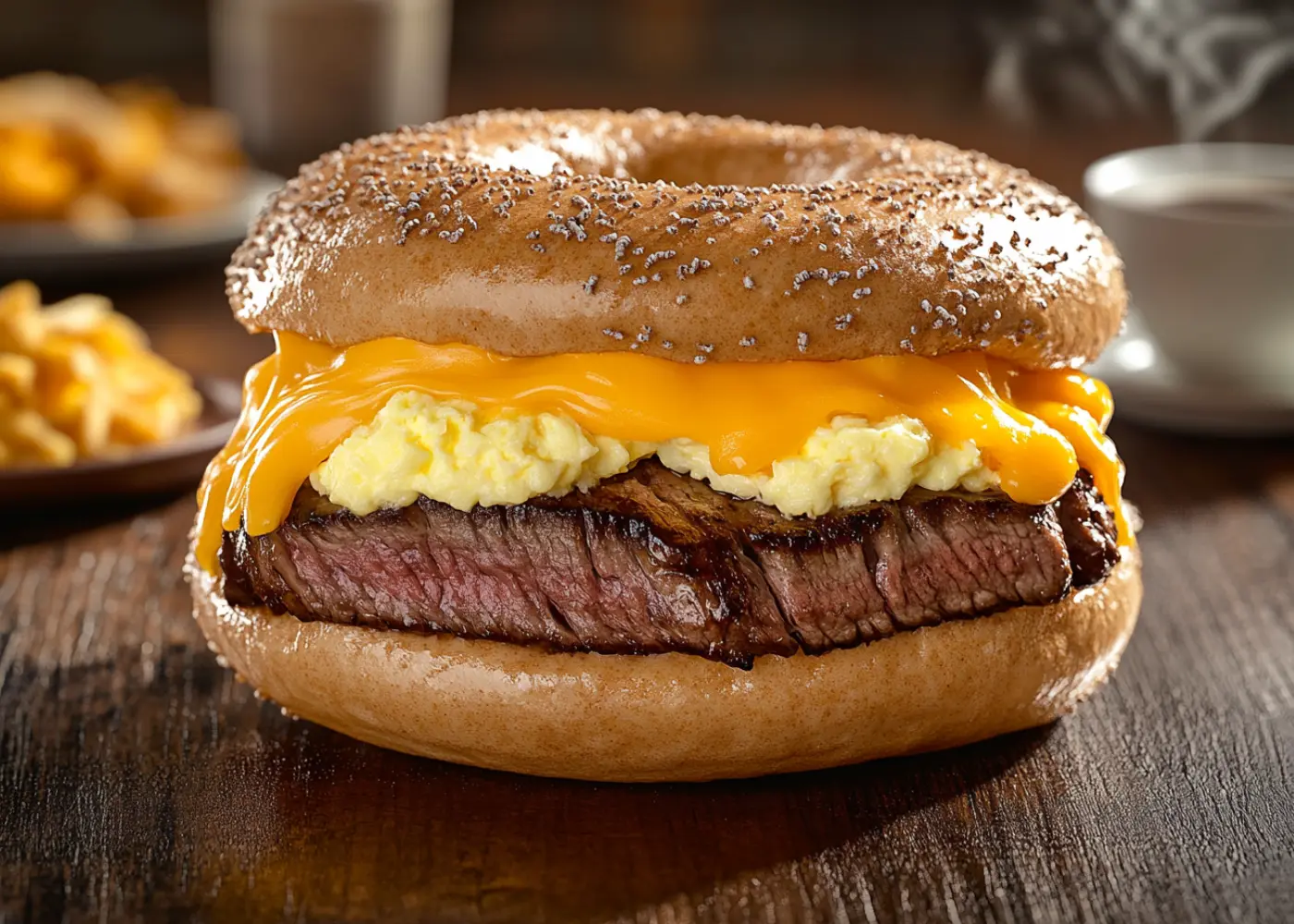 Delicious steak, egg, and cheese bagel sandwich with melted cheese