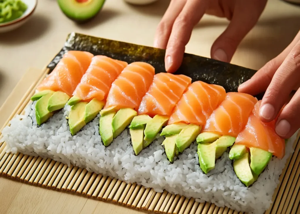 Hands rolling a salmon avocado sushi roll on a bamboo mat with fresh ingredients.
