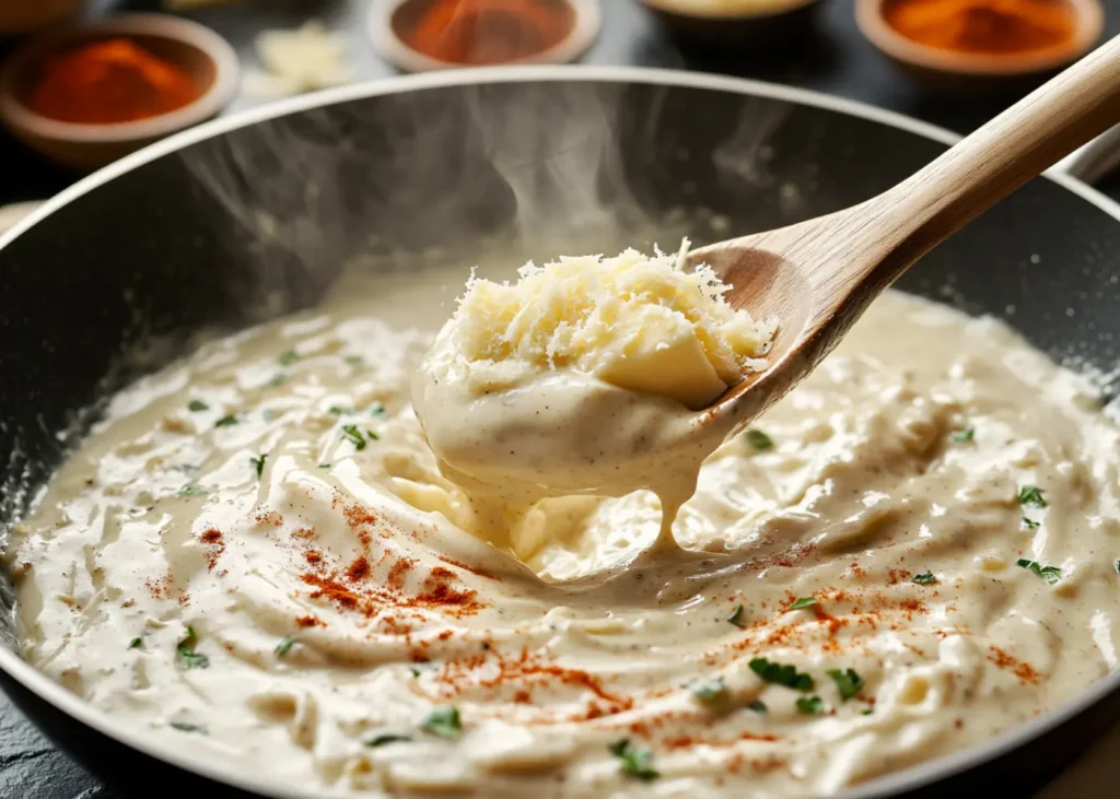 Cajun Alfredo sauce being stirred in a pan with butter, garlic, and cheese

