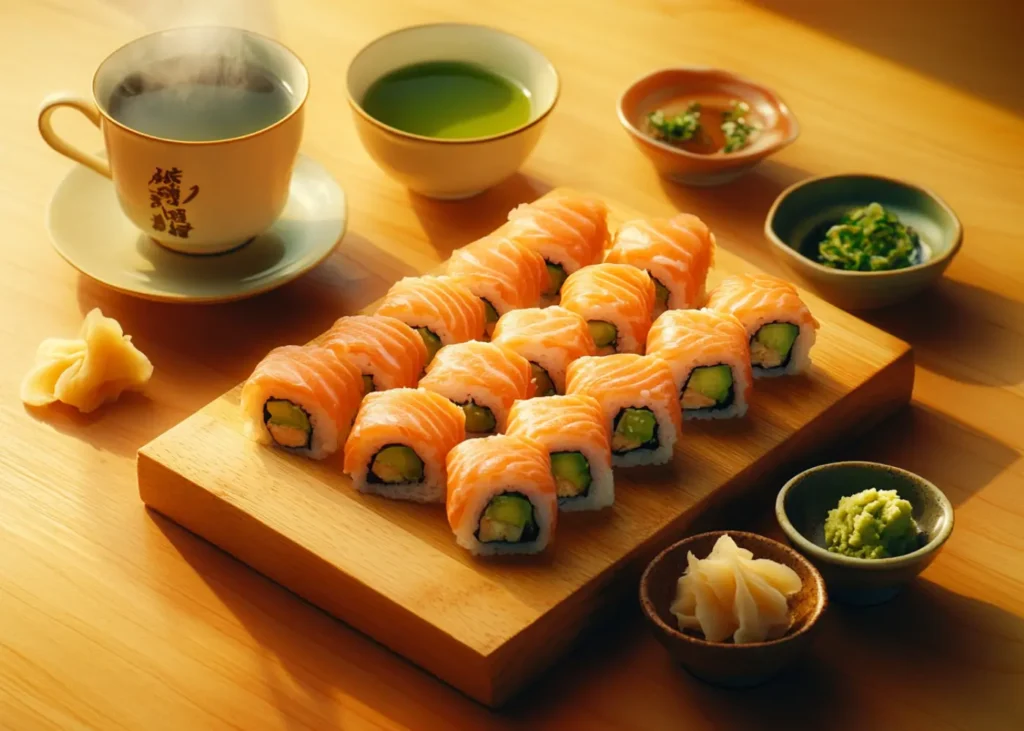 Salmon avocado roll served with green tea and miso soup on a wooden sushi board.
