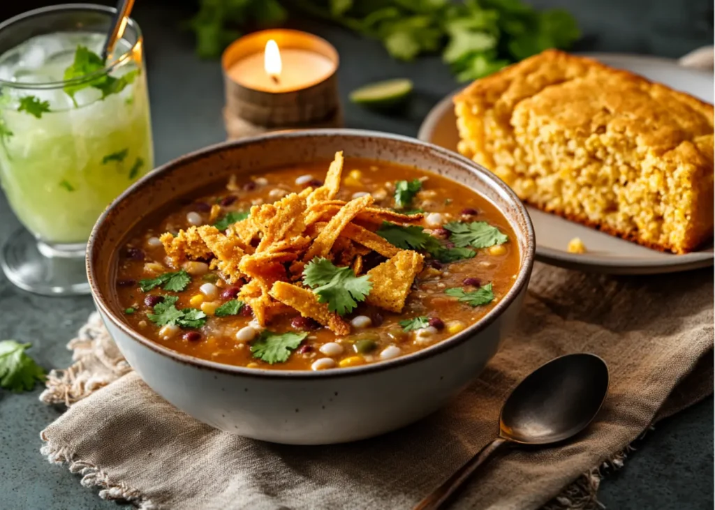 Flat lay of taco soup toppings including cheese, avocado, jalapeÃ±os, cilantro, and tortilla chips.
