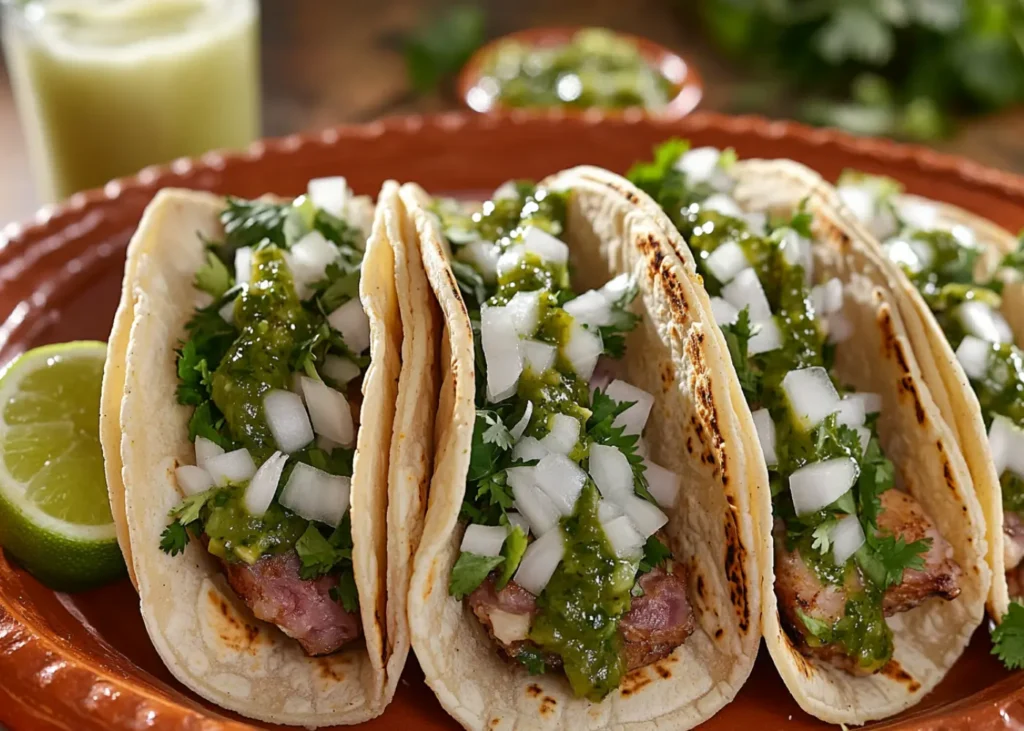 Tacos de lengua topped with onions, cilantro, and salsa verde
