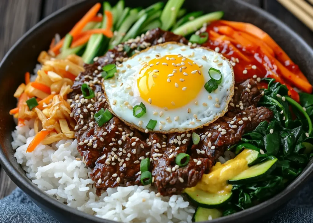Korean-style trader joe’s bulgogi rice bowl with fried egg and vegetables