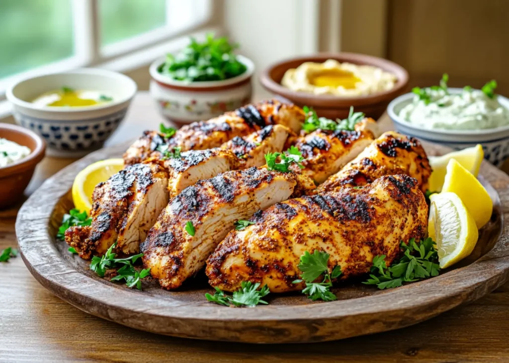 Grilled Trader Joe's Chicken Shawarma on a wooden board with lemon wedges and hummus