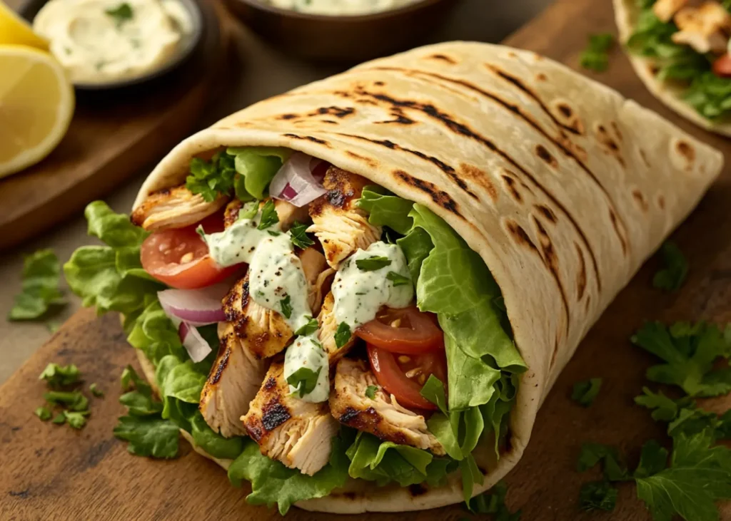Shawarma wrap with lettuce, tomatoes, and tzatziki sauce in warm pita bread