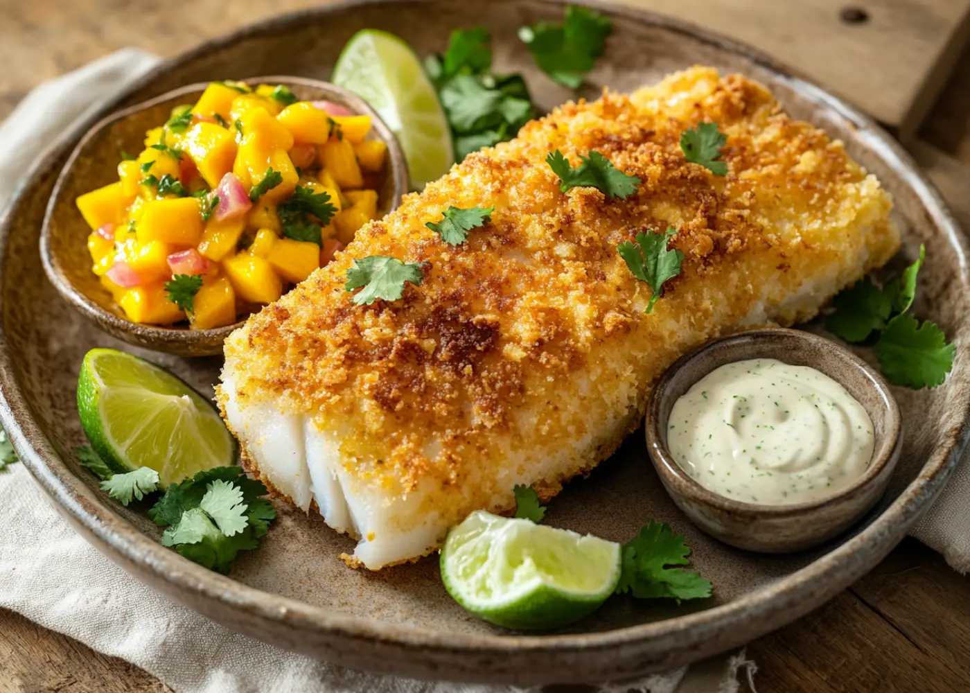 Crispy Trader Joe's breaded cod with mango salsa and lime wedges