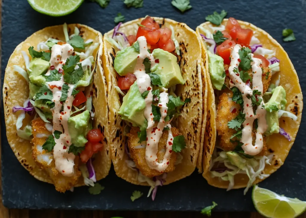 trader joe's fish recipe tacos with crispy cod, avocado, cabbage, and lime crema