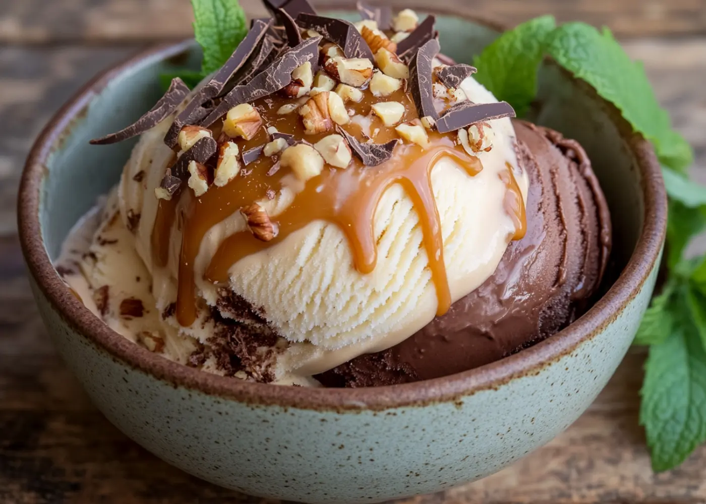 Bowl of Trader Joe's Ice Cream vanilla and chocolate with caramel drizzle.