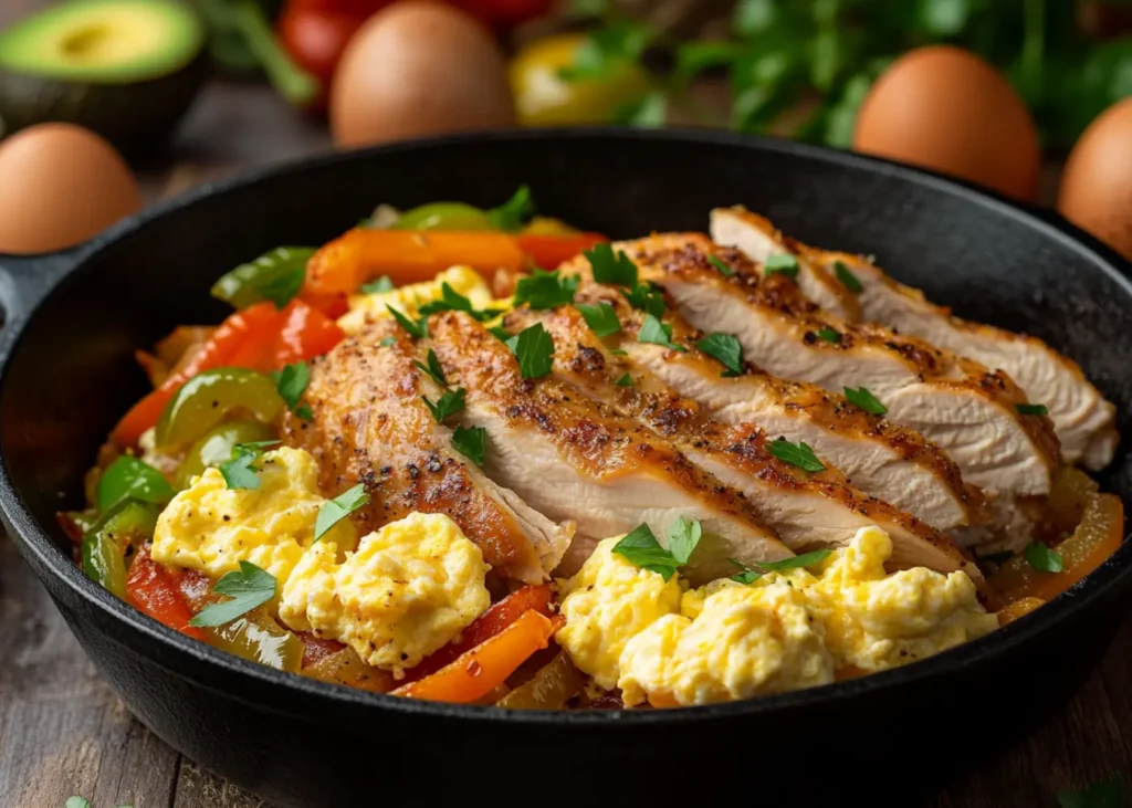 Turkey and eggs skillet with golden-brown turkey slices and fluffy scrambled eggs