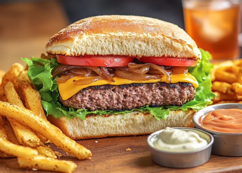 Delicious burger with melted cheddar, lettuce, tomato, and gourmet toppings
