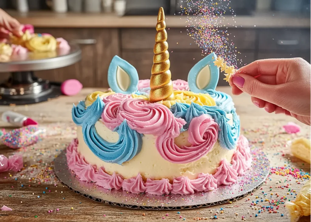 Hands piping colorful buttercream onto a unicorn cake with a golden horn.