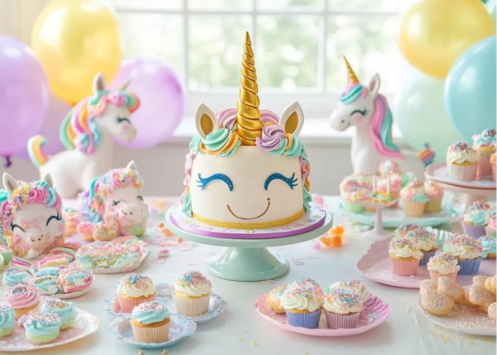 A unicorn-themed birthday table with a decorated unicorn cake centerpiece.
