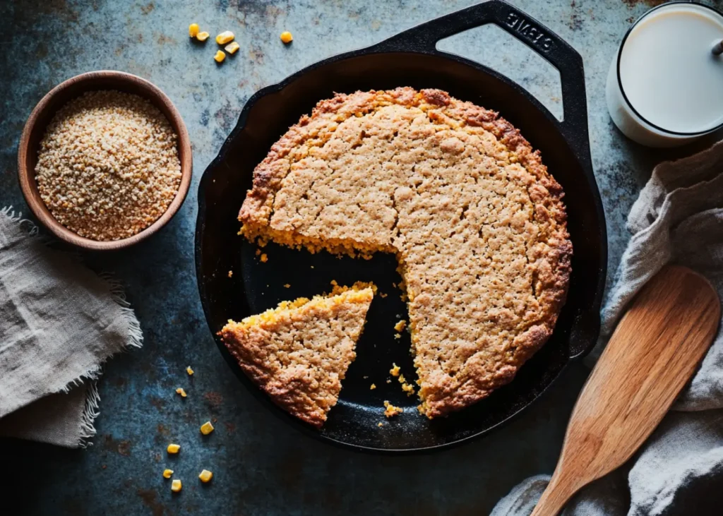 Vegan cornbread without eggs baked in a cast iron skillet, golden brown and crispy.