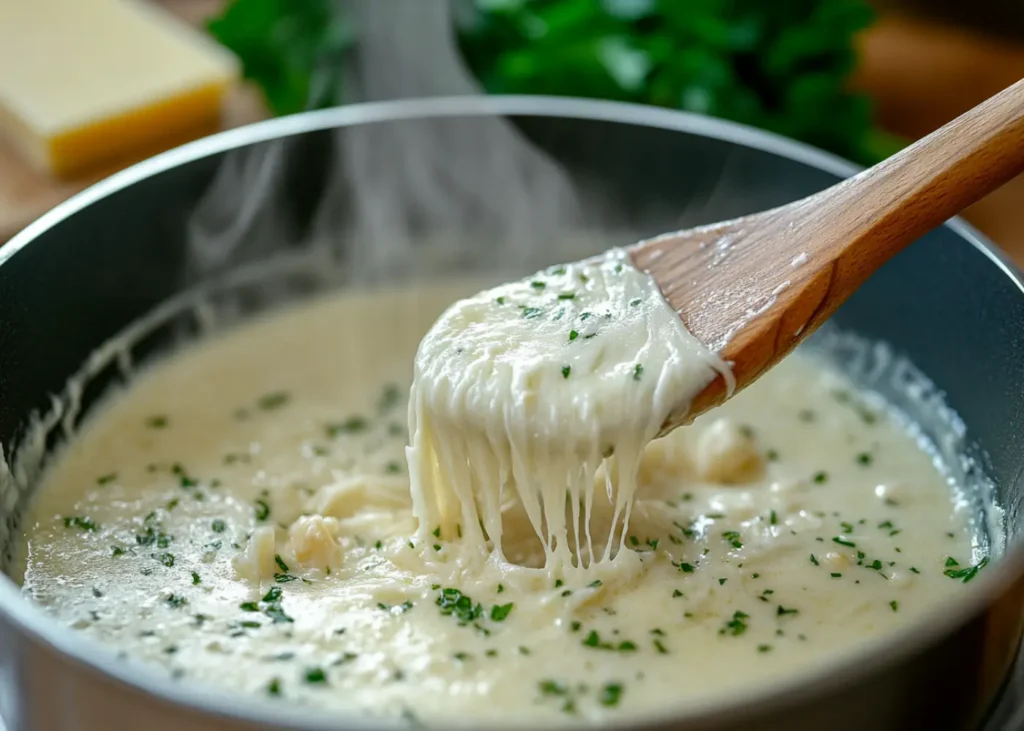 Thick and creamy garlic parmesan sauce stirred in a pan with melted cheese ribbons
