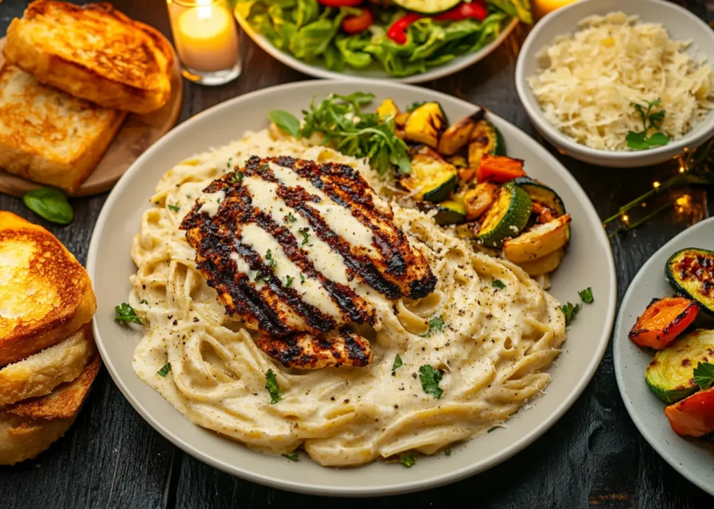 A complete meal with Cajun Alfredo pasta, garlic bread, Caesar salad, and roasted vegetables
