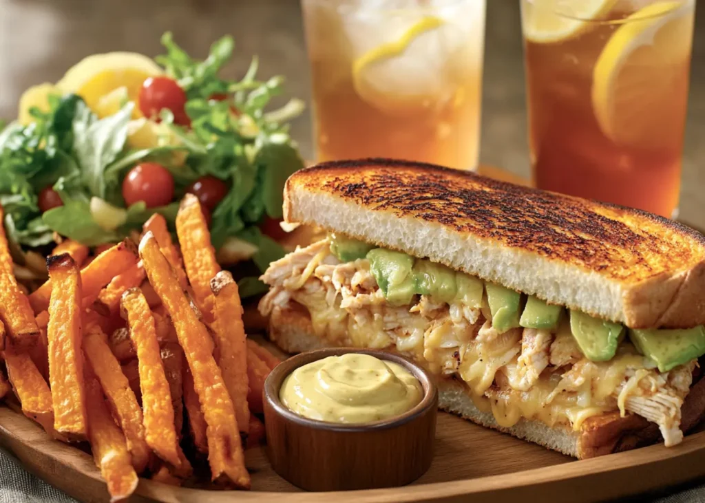Chipotle Chicken Avocado Melt served with sweet potato fries and a side salad
