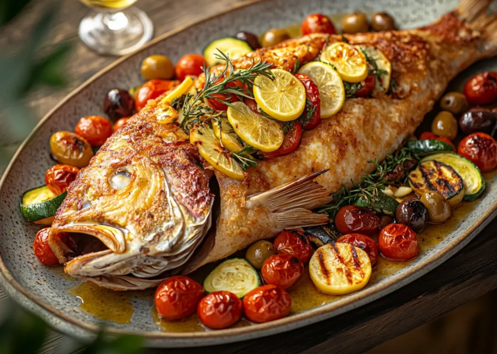 Whole roasted Loup de Mer with lemon, garlic, and thyme
