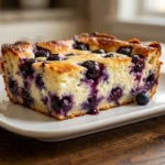 Close-up of a slice of blueberry cottage cheese breakfast bake with a golden-brown crust, plump blueberries, and creamy interior on a white rectangular plate.