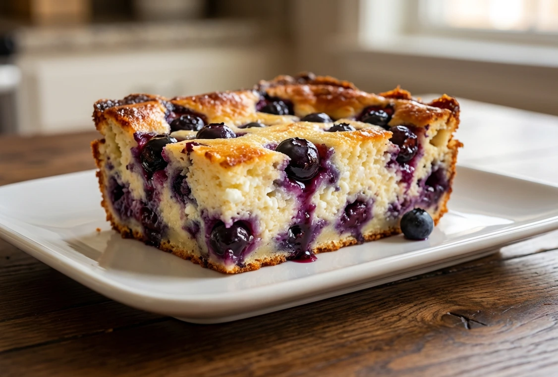 Close-up of a slice of blueberry cottage cheese breakfast bake with a golden-brown crust, plump blueberries, and creamy interior on a white rectangular plate.