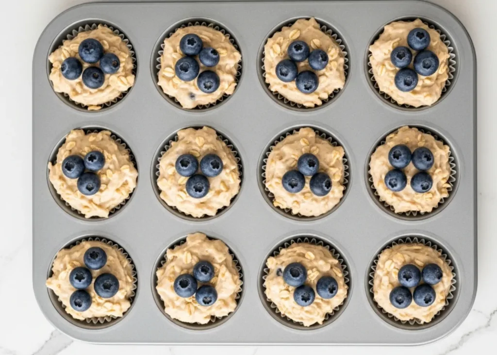 Blueberry cottage cheese muffin batter portioned into muffin tin