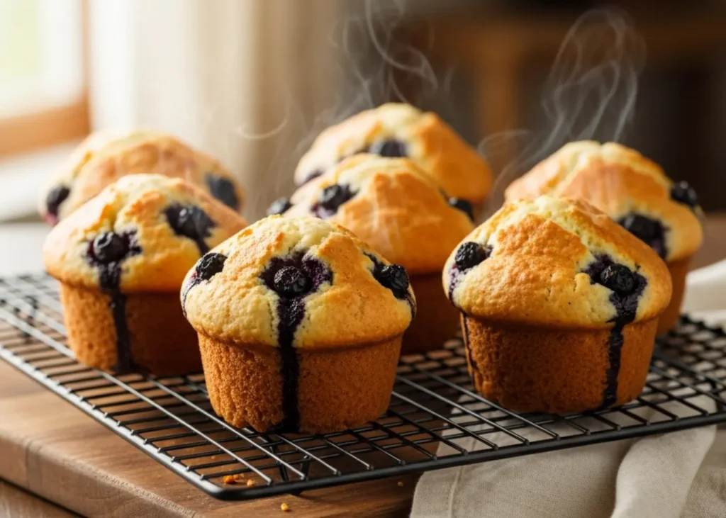 Golden blueberry cottage cheese muffins cooling on wire rack