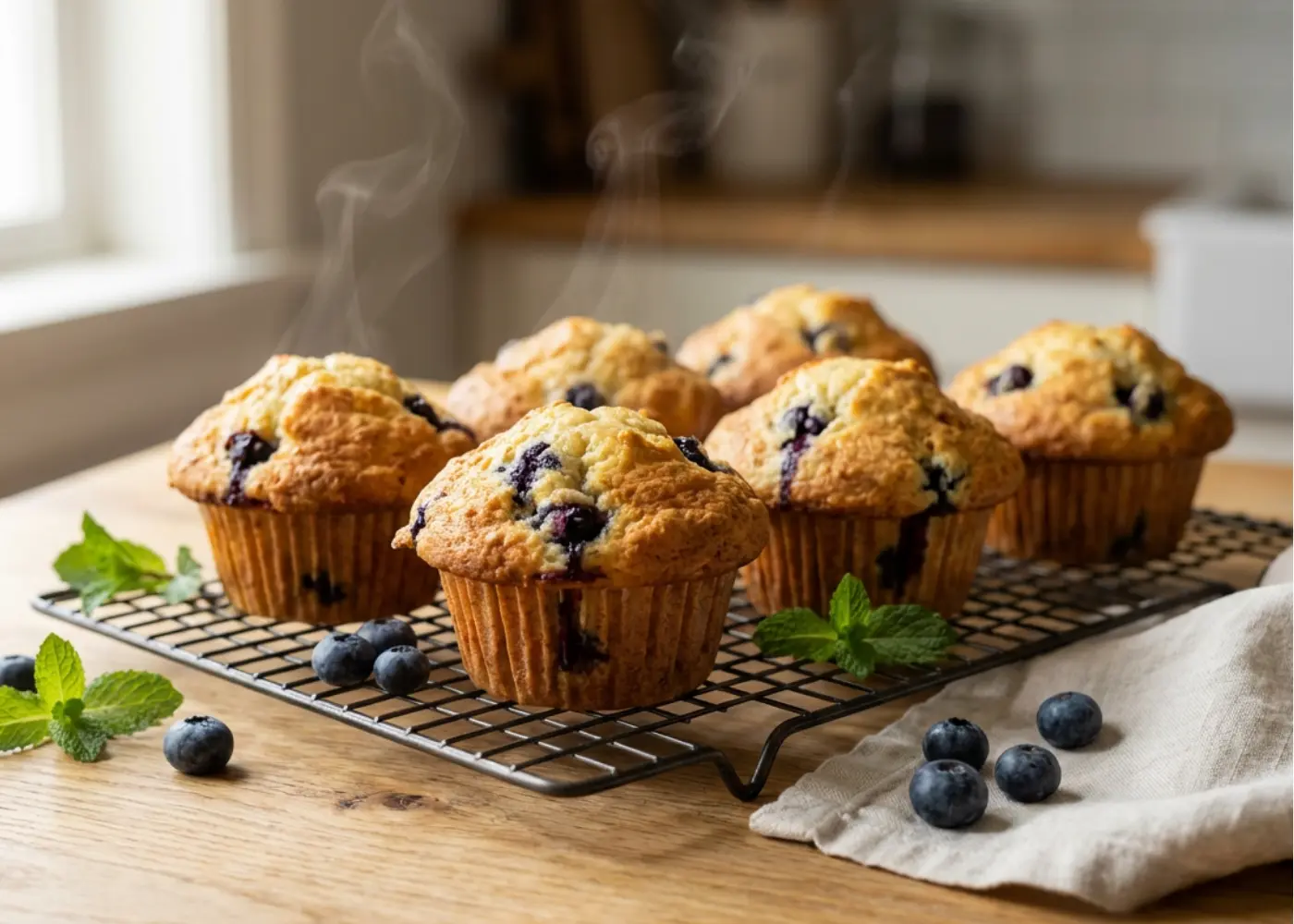 Blueberry cottage cheese muffins with golden domed tops and visible blueberries on cooling rack